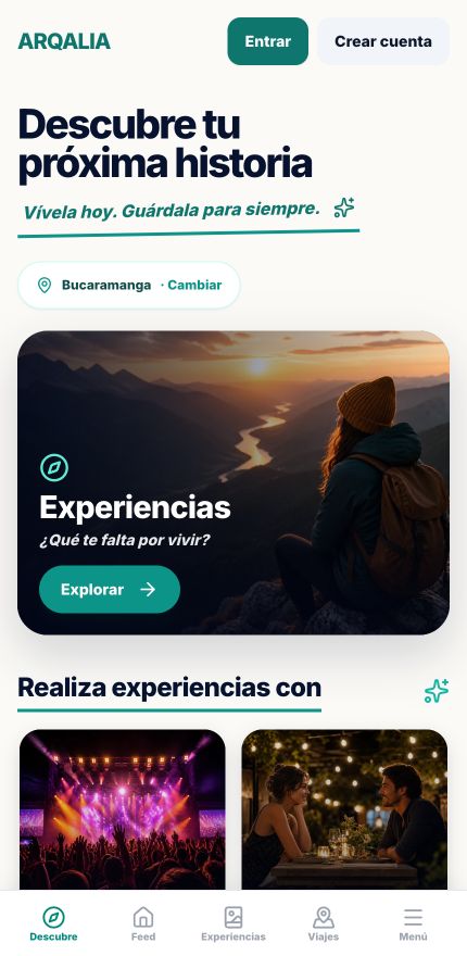 Pantalla Descubre de la app ARQALIA con sus opciones de experiencias